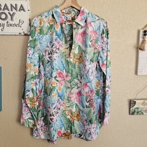 100% Linen Blouse Small Coastal Tropical Dopamine Resortwear Cruise Tropical